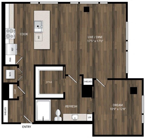 Floor plan for 1 bed, 1 bath, 917 sqft